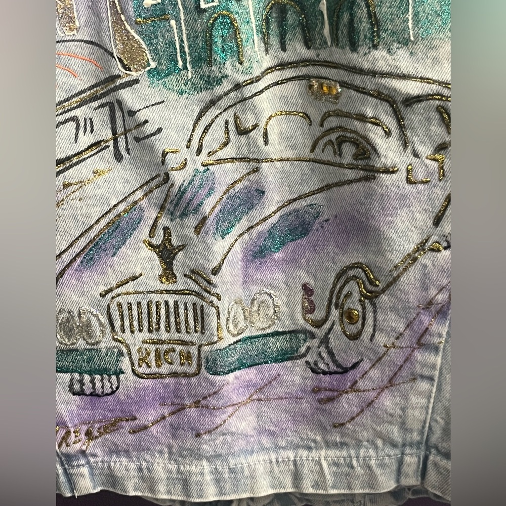 RIO Beverly Hills airbrushed glitter crystals bolero crop jean denim jacket 1990 - Picture 7 of 11